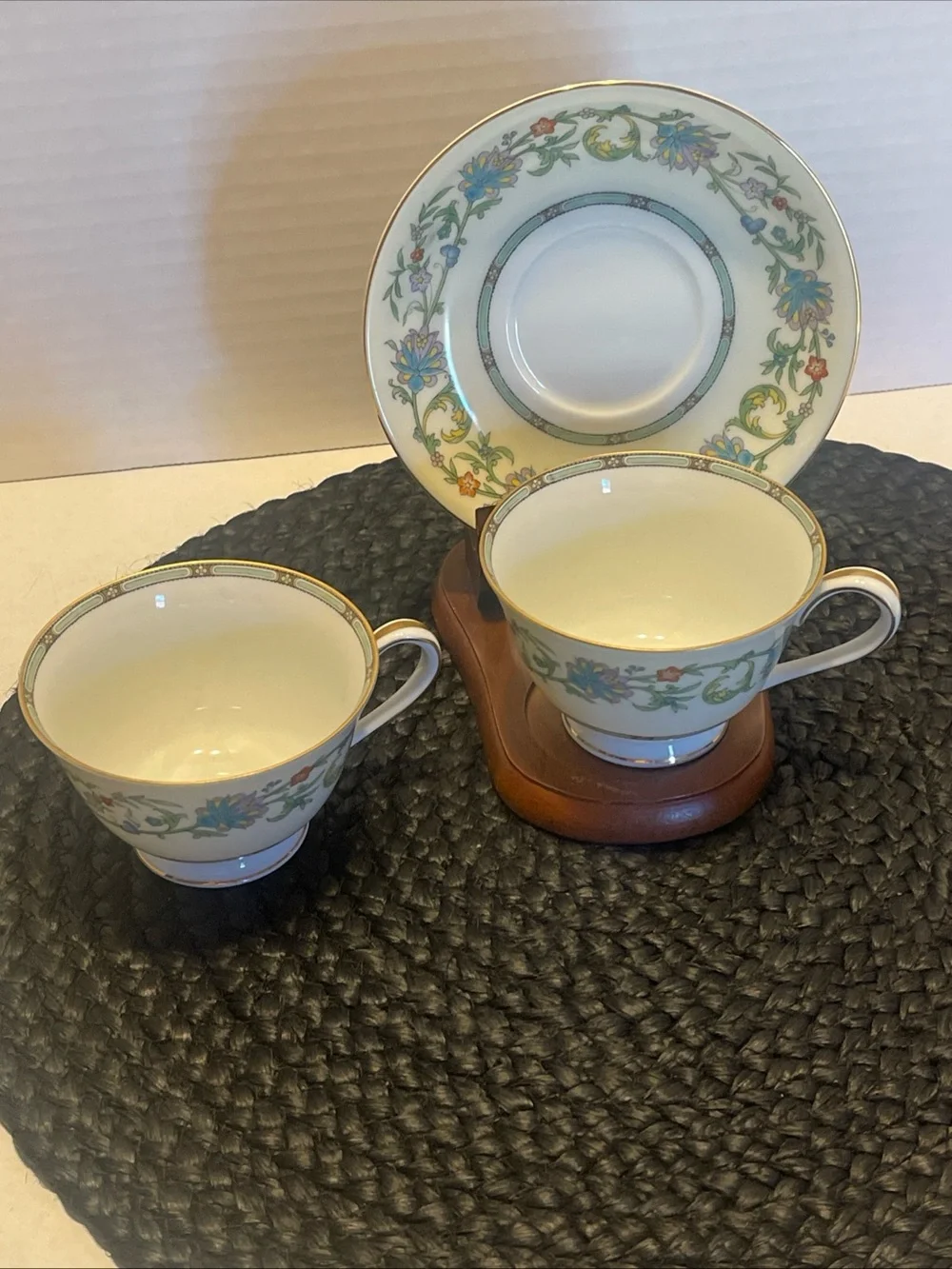 Noritake 1950sTeacup and Saucer Set - Ivory with green and Gold Trim #5042